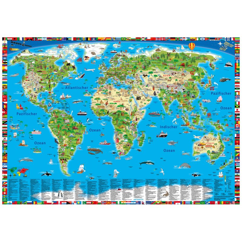 Illustrierte Weltkarte mit Flaggenrand LandkartenSchropp.de - Shop Online (für Kinder)